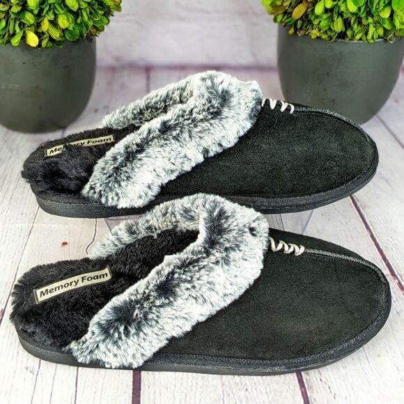 Black Faux Fur House Slipper Scuff Memory Foam Slip On Anti-Skid Sole - Picture 3 of 9